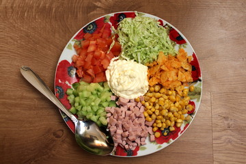 mixed lettuce, tomatoes, cucumbers, boiled sausage, cabbage, potato chips, corn, mayonnaise