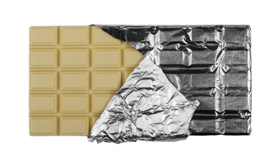 White chocolate bars with aluminum foil isolated, clipping path