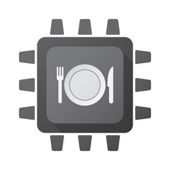 Isolated chip with  a dish, knife and a fork icon