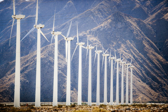 Group of wind turbines in a field.