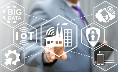 Industry 4.0 IoT integration factory wifi concept. Industrial automation modernization business...