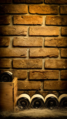 Rząd butelek wina w piwnicy na tle ściany z cegły i drewniana skrzynka. - obrazy, fototapety, plakaty