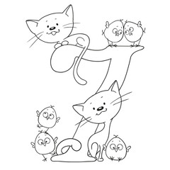 Number seven. Cute cartoon animals. Numbers and animals. Chicken and kitten. Funny figurines to paint. Vector doodle