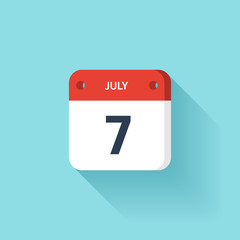July 7. Isometric Calendar Icon With Shadow.Vector Illustration,Flat Style.Month and Date.Sunday,Monday,Tuesday,Wednesday,Thursday,Friday,Saturday.Week,Weekend,Red Letter Day. Holidays 2017.