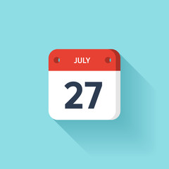July 27. Isometric Calendar Icon With Shadow.Vector Illustration,Flat Style.Month and Date.Sunday,Monday,Tuesday,Wednesday,Thursday,Friday,Saturday.Week,Weekend,Red Letter Day. Holidays 2017.