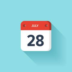 July 28. Isometric Calendar Icon With Shadow.Vector Illustration,Flat Style.Month and Date.Sunday,Monday,Tuesday,Wednesday,Thursday,Friday,Saturday.Week,Weekend,Red Letter Day. Holidays 2017.