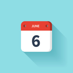 June 6. Isometric Calendar Icon With Shadow.Vector Illustration,Flat Style.Month and Date.Sunday,Monday,Tuesday,Wednesday,Thursday,Friday,Saturday.Week,Weekend,Red Letter Day. Holidays 2017.