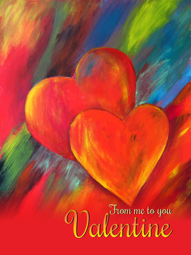 Valentine's Day card with two hearts hand painted , vector.