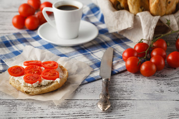 healthy breakfast with fresh tomato and coffee