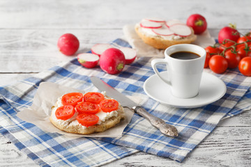 tomato sandwich and coffee cup for breakfast