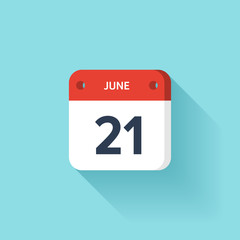 June 21. Isometric Calendar Icon With Shadow.Vector Illustration,Flat Style.Month and Date.Sunday,Monday,Tuesday,Wednesday,Thursday,Friday,Saturday.Week,Weekend,Red Letter Day. Holidays 2017.