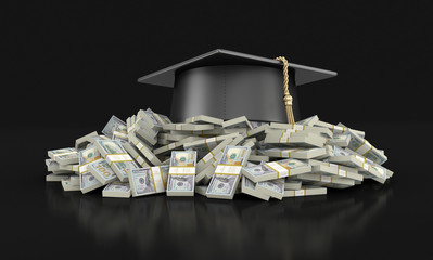 Graduation cap and Pile of Dollars. Image with clipping path