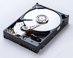 Detailed view of the inside of a hard disk drive