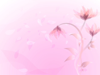 Abstract background with pink flowers, pink flower petals flying in the wind, vector illustration