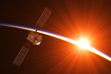 Satellite In The Rays Of Rising Sun