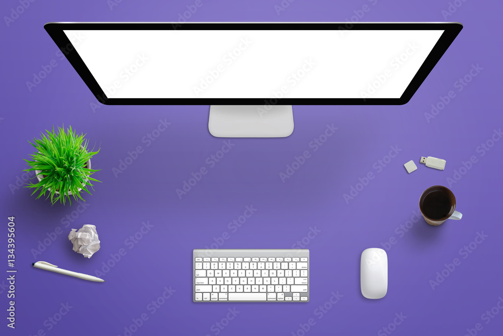 Poster computer display on purple office desk. top view. isolated screen for mockup. coffee, keyboard, mous