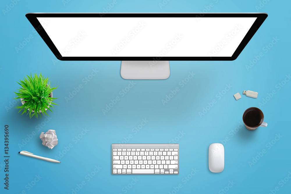 Poster top view of office desk with computer display with isolated screen for mockup. coffee, keyboard, mou