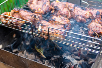 Meat (pork) roasted on the coals with a twig of rosemary.