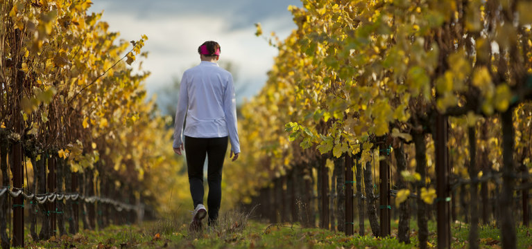 Mid adult woman walking through an orchard wearing sports clothing.