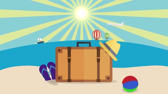 Vacation and travel Concept, Colorful Cartoon Beach Background with vacation stuff, Tropical Island. Beautiful Sea Coast. illustration nature background with space for your text or logo seamless loop.