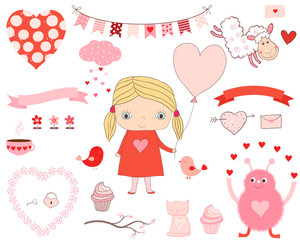 Cute love set with design elements - little girl with balloon, animals and banners