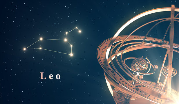Zodiac Constellation Leo And Armillary Sphere Over Blue Background