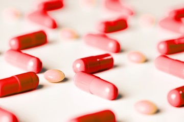 medical pills and capsules pattern on white background. flat lay, top view.