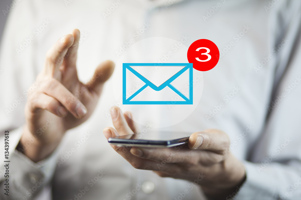Poster man hand phone with message in screen