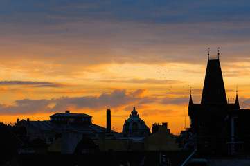 Powder gate and skyline of Old Prague at sunrise