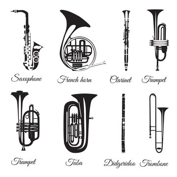 Vector set of black and white wind musical instruments