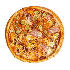Delicious classic italian pizza with ham, sausages, corn, cucumbers and cheese