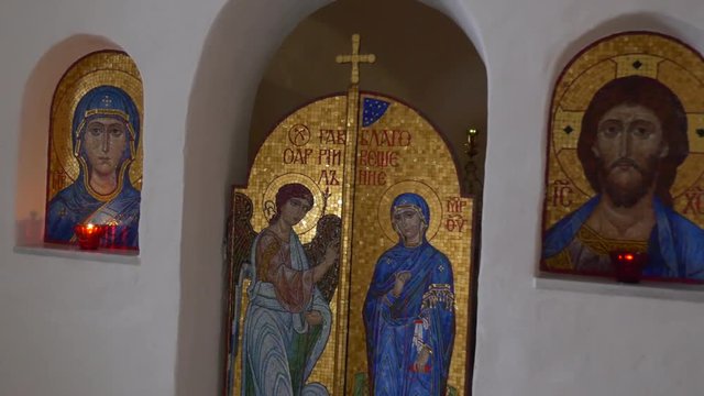 the Annunciation to the Blessed Holy Virgin Mary by Angel Gabriel on an Ancient Golden Icon in Chalk Cave of Sviatogorskaya Orthodox Lavra