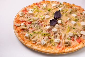 Pizza with cheese, tomatoes and chicken on a white background