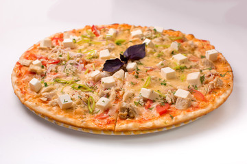 Pizza with cheese, tomatoes and chicken on a white background