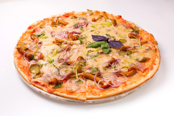 Pizza with cheese, tomatoes and chicken on a white background