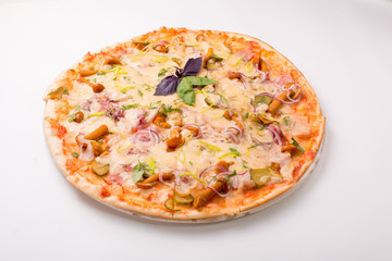 Pizza with cheese, tomatoes and chicken on a white background