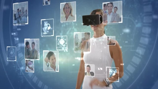 Businesswoman wearing virtual reality headset