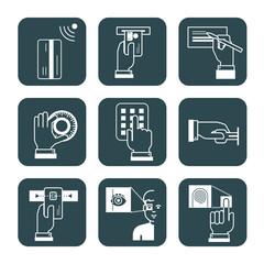 Information signs for security systems at banks, explanation of how to use safe and enter restricted area. Credit cards, safety system, self service cash registers and other public service machines.