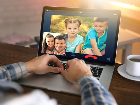 Video Call And Chat Concept. Man Video Conferencing On Laptop