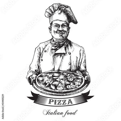 "Smiling Italian chef with a pizza in hand.Vector art illustration