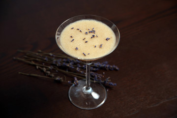 Fresh fruit turmix juice cocktail glass with lavender  decoration