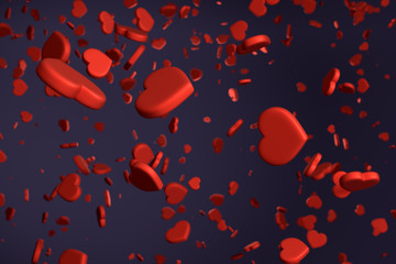 A lot of hearts on violet background. Rain of hearts.