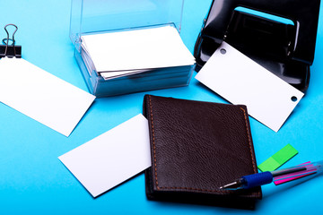 stationery for office: hole puncher, blanks, clip, wallet, pen, stickers