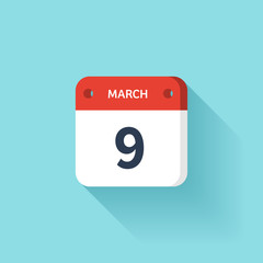 March 9. Isometric Calendar Icon With Shadow.Vector Illustration,Flat Style.Month and Date.Sunday,Monday,Tuesday,Wednesday,Thursday,Friday,Saturday.Week,Weekend,Red Letter Day. Holidays 2017.