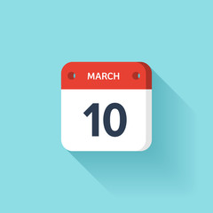 March 10. Isometric Calendar Icon With Shadow.Vector Illustration,Flat Style.Month and Date.Sunday,Monday,Tuesday,Wednesday,Thursday,Friday,Saturday.Week,Weekend,Red Letter Day. Holidays 2017.