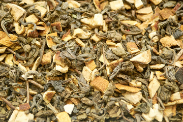 Tea with lemon peel close up