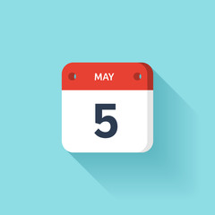 May 5. Isometric Calendar Icon With Shadow.Vector Illustration,Flat Style.Month and Date.Sunday,Monday,Tuesday,Wednesday,Thursday,Friday,Saturday.Week,Weekend,Red Letter Day. Holidays 2017.