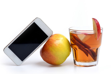 mobile phone, apple tea with cinnamon isolated on white