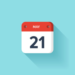 May 21. Isometric Calendar Icon With Shadow.Vector Illustration,Flat Style.Month and Date.Sunday,Monday,Tuesday,Wednesday,Thursday,Friday,Saturday.Week,Weekend,Red Letter Day. Holidays 2017.