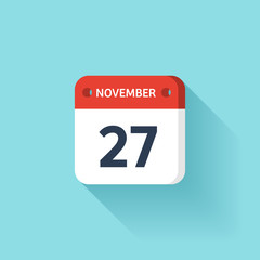 November 27. Isometric Calendar Icon With Shadow.Vector Illustration,Flat Style.Month and Date.Sunday,Monday,Tuesday,Wednesday,Thursday,Friday,Saturday.Week,Weekend,Red Letter Day. Holidays 2017.